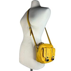 B. Markowski Mustard Color Leather Medium Size Crossbody Handbag Silver Accents